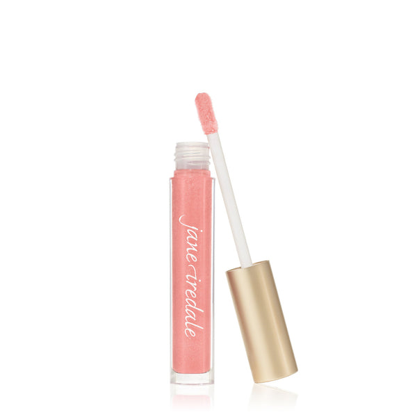 Hydropure Hyaluronic Lip Gloss | Jane Iredale in a soft pink shade with a gold cap and applicator, designed to provide hydrating and glossy lip care.