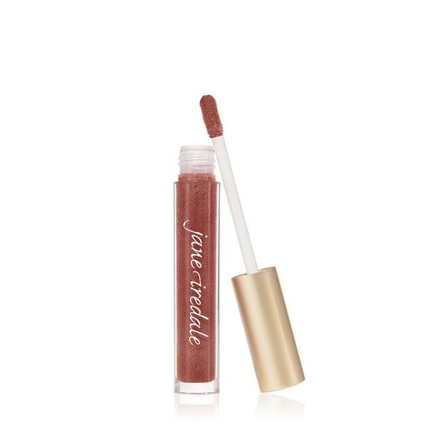 Hydropure Hyaluronic Lip Gloss | Jane Iredale in a shimmering sangria shade with a gold cap and doe-foot applicator, designed for moisturizing and enhancing lips.