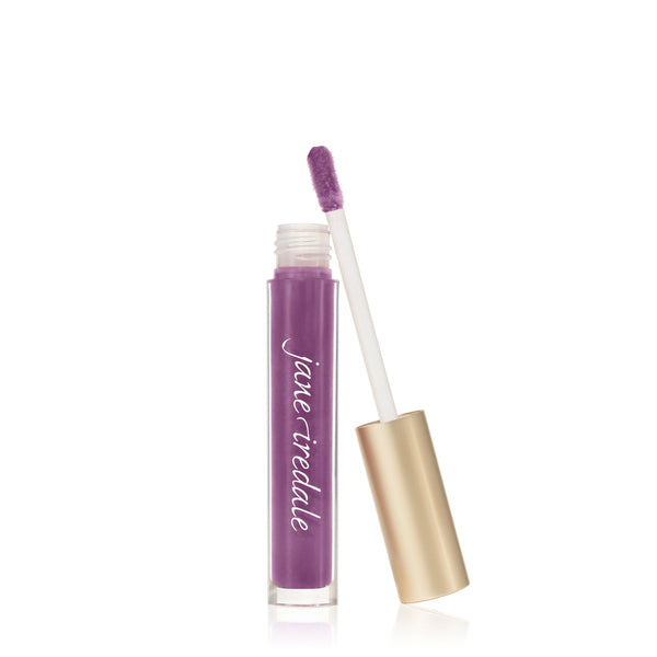 Hydropure Hyaluronic Lip Gloss | Jane Iredale in a vibrant purple shade with a gold cap and applicator wand, designed for moisturizing and enhancing lips with hydrating skincare benefits.