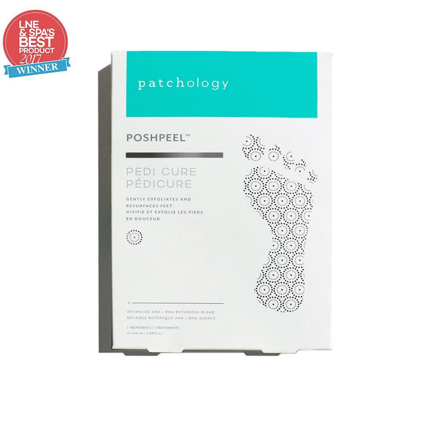 Packaging of PoshPeel™ Pedi Cure | Patchology skincare product featuring a foot illustration, highlighting gentle exfoliation and resurfacing benefits for feet.
