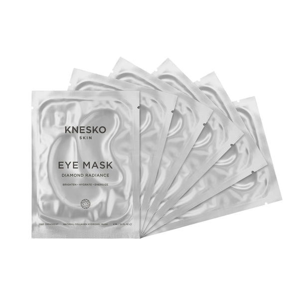 Diamond Radiance Eye Mask - 6 pack | Knesko showing six silver foil packets designed for skincare, promoting hydration and radiance as part of a wellness routine.