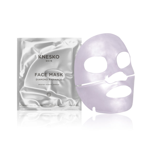Diamond Radiance Face Mask - 4 Pack | Knesko showing an iridescent, translucent skincare face mask next to its sleek silver packaging, highlighting skincare and wellness benefits.