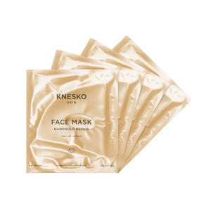 Packaging of Nanogold Repair Face Mask - 4 Pack | Knesko displayed in soft golden sachets, highlighting skincare product for hydration and skin repair.