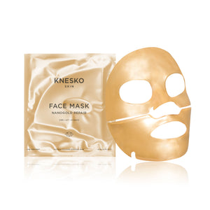 Nanogold Repair Face Mask - 4 Pack | Knesko showing a gold-colored facial sheet mask next to its luxurious packaging, highlighting skincare and wellness benefits.