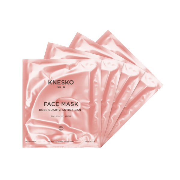 Rose Quartz Antioxidant Face Mask - 4 Pack | Knesko features five pink foil packets designed for skincare, promoting calm, protection, and soothing antioxidant benefits.