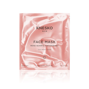 Rose Quartz Antioxidant Face Mask - Single | Knesko in a shimmering pink foil pack designed for skincare, promoting calm, protection, and soothing with antioxidant benefits.