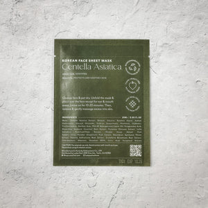 Back of Korean Sheet Mask - Take a Deep Breath | Lucky Owl packaging showing Centella Asiatica ingredients and usage instructions for soothing and protecting skin.