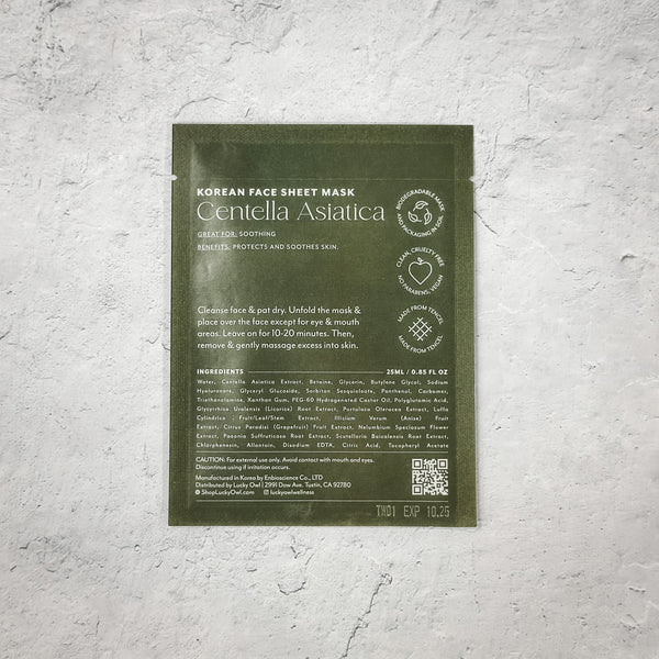 Back of Korean Sheet Mask - Take a Deep Breath | Lucky Owl packaging showing Centella Asiatica ingredients and usage instructions for soothing and protecting skin.