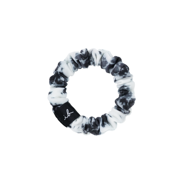 LOOP 3 pc | invisibobble black and white tie-dye fabric scrunchie with small black tag featuring white cursive lettering, designed for gentle hair styling and wellness.