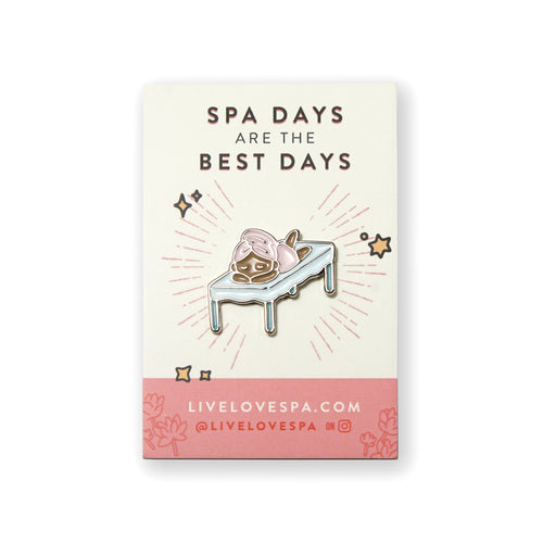 Fab Spa Life Enamel Pin - Limited Edition | Lucky Owl featuring a cute owl relaxing on a massage bed with a pink towel wrapped around its head, promoting wellness and self-care.