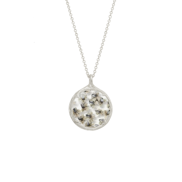 Small Botanical Necklace | Catherine Weitzman Jewelry featuring delicate white flowers encased in a clear pendant on a fine silver chain, perfect for nature-inspired elegance.