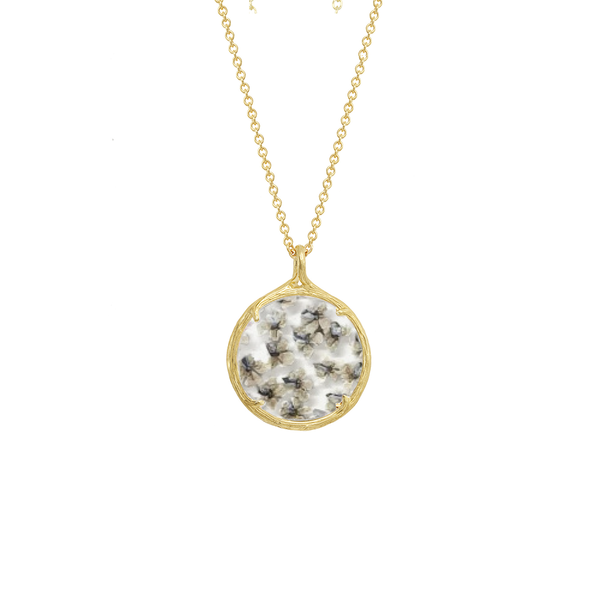 Small Botanical Necklace | Catherine Weitzman Jewelry featuring delicate white flower petals encased in a round gold pendant on a fine gold chain.