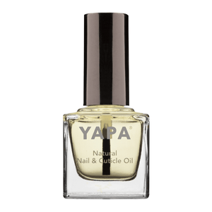 Bottle of Natural Cuticle Oil | YAPA, a clear glass container with pale yellow oil and a black cap, designed for skincare and nail care wellness.