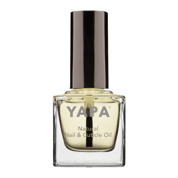 Bottle of Natural Cuticle Oil | YAPA, a clear glass container with pale yellow oil and a black cap, designed for skincare and nail care wellness.