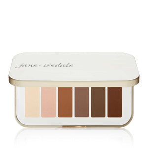 Closed Purepressed Eye Shadow Palette | Jane Iredale with six neutral matte shades ranging from light beige to deep brown in sleek white compact.