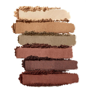 Swatches of natural and earthy eyeshadow shades in beige, taupe, olive, mauve, plum, and deep brown from the Purepressed Eye Shadow Palette | Jane Iredale.