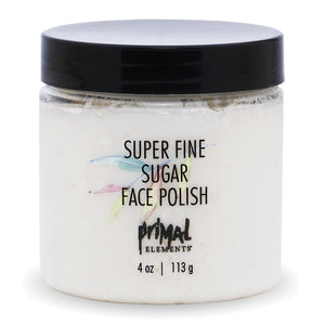 Jar of Super Fine Sugar Face Polish | Primal Elements with a black lid, designed for skincare exfoliation and gentle face polishing.