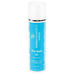 Bottle of Pre-Bath Oil with natural oils | Dermatologist's Choice in blue and white packaging, designed for skincare and body care routines.