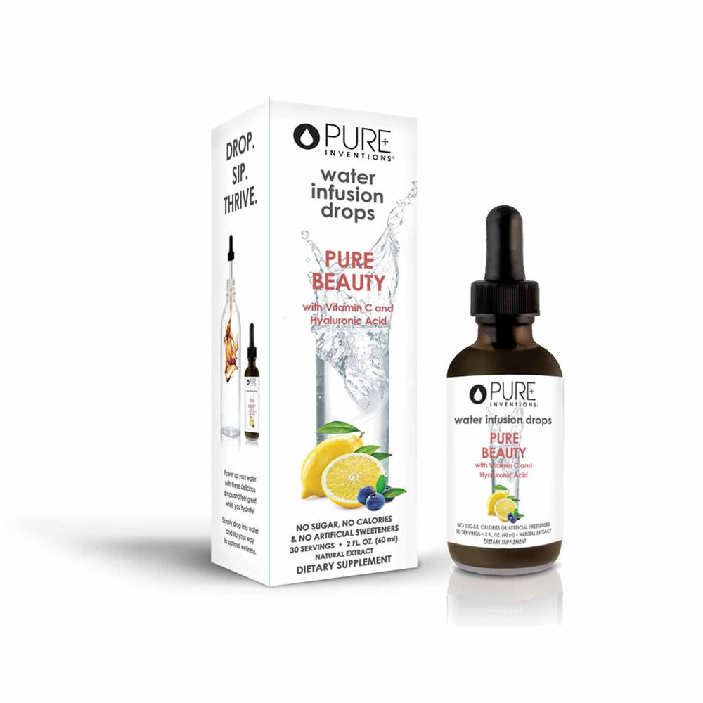 Bottle and box of Pure Beauty Water Infusion Drops - Berry Lemonade | Pure Inventions with lemon and berry graphics, promoting hydration and wellness with vitamin C and hyaluronic acid.