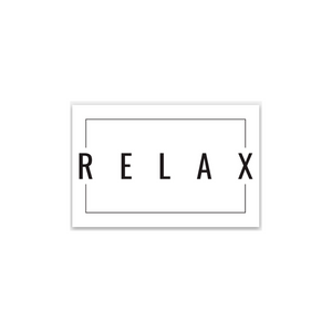 Minimalist sticker design with the word RELAX in bold black letters framed by a simple black rectangular border from the SELF-CARE STICKER PACK | Wellness Month collection.