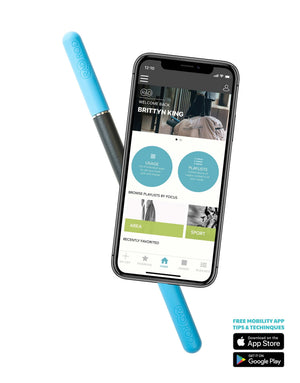 Rod Mini | RAD device in blue with a smartphone displaying the free mobility app interface offering tips, techniques, and guided playlists for wellness and recovery.
