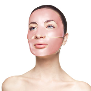 Woman wearing a pink face mask in three separate parts, demonstrating the Rose Quartz Antioxidant Face Mask - 4 Pack | Knesko for skincare and wellness.