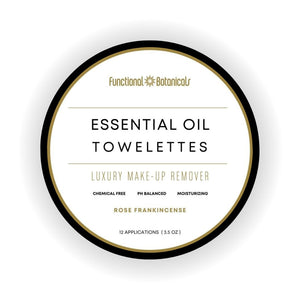 Round container lid featuring label for Make Up Remover Wipes | Functional Botanicals with essential oil towelettes in rose frankincense scent, highlighting chemical free and moisturizing skincare benefits.