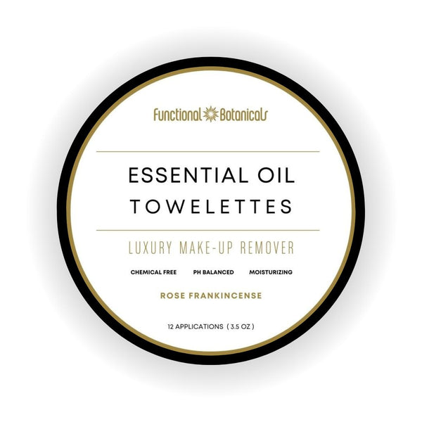 Round container lid featuring label for Make Up Remover Wipes | Functional Botanicals with essential oil towelettes in rose frankincense scent, highlighting chemical free and moisturizing skincare benefits.