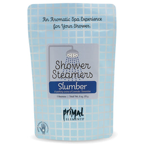 Package of Slumber Shower Steamer | Primal Elements with a soothing lavender and clementine scent for a relaxing aromatic spa experience in the shower.