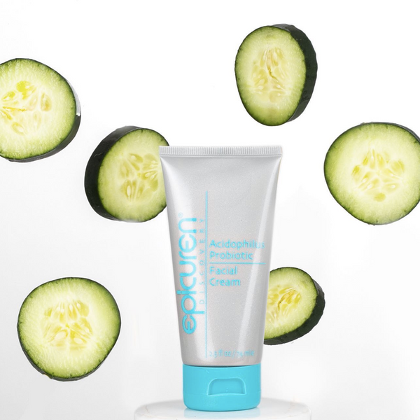 Acidophilus Probiotic Facial Cream | Epicuren Discovery tube with fresh cucumber slices, highlighting natural skincare and soothing hydration benefits.