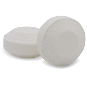Two round white shower steamer tablets positioned on a white background for Slumber Shower Steamer | Primal Elements, promoting relaxation and wellness.