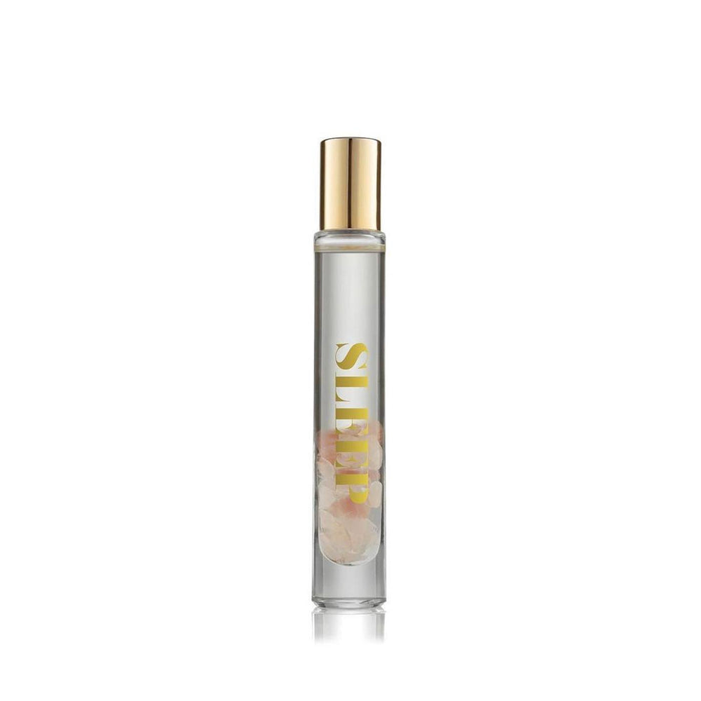 Sleep Essential Oil Rollerball | Aluminate Life with crystal-infused blend in a clear glass bottle and elegant gold cap, designed for calming body care and wellness.