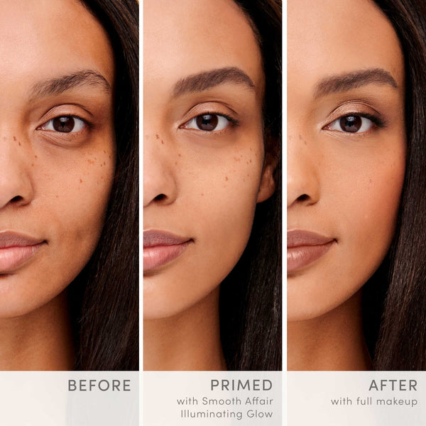 Close-up comparison of a woman's face showing natural skin, after applying Smooth Affair Illuminating Face Primer | Jane Iredale for a radiant glow, and with full makeup for a polished look.