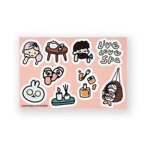 Fab Spa Life Stickers (4x6 sheet) - Limited Edition | Lucky Owl featuring cute spa-themed illustrations including a person with a face mask, tea set, massage, skincare bottles, slippers, and a relaxing figure in a hanging chair with the phrase Live Love Spa.
