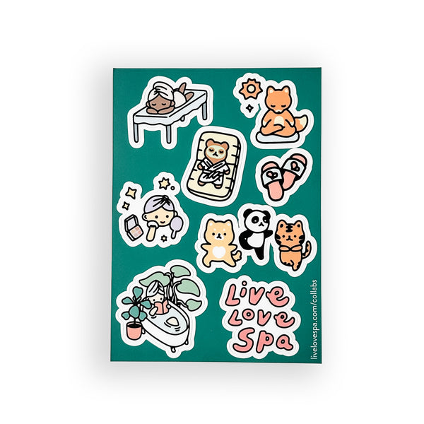 Kawaii Spa Life Stickers (5x7 sheet) - Limited Edition | Lucky Owl featuring cute illustrations of animals and spa elements like massage, skincare, slippers, and relaxation for wellness and self-care.