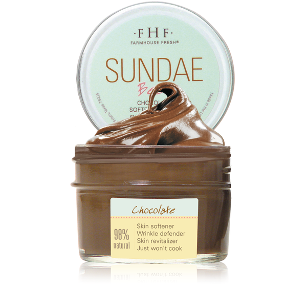 Open jar of Sundae Best® Chocolate Softening Mask with CoQ10 | Farmhouse Fresh showing rich chocolate-colored cream designed for skincare and wrinkle defense.