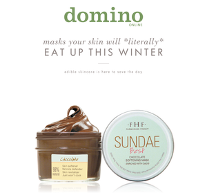 Open jar of Sundae Best® Chocolate Softening Mask with CoQ10 | Farmhouse Fresh showing rich chocolate-colored cream next to closed lid with product branding.