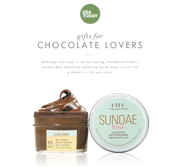 Open jar of Sundae Best® Chocolate Softening Mask with CoQ10 | Farmhouse Fresh showing rich chocolate-like cream beside its white and mint green labeled lid, promoting skincare for chocolate lovers.