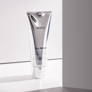 the MAX™ facial cleanser | IMAGE Skincare in a sleek silver tube displayed with soft natural lighting, highlighting its modern and clean skincare packaging design