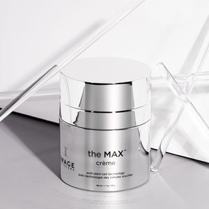 the MAX™ crème | IMAGE Skincare in a reflective silver container, showcasing advanced skincare technology with a clean, minimalistic background ideal for wellness and body care promotion