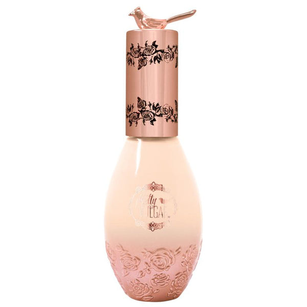 Elegant bottle of Cool AF Lava Water Foundation | Pretty Vulgar with embossed rose patterns and a metallic cap topped by a small bird figure, designed for skincare and beauty.