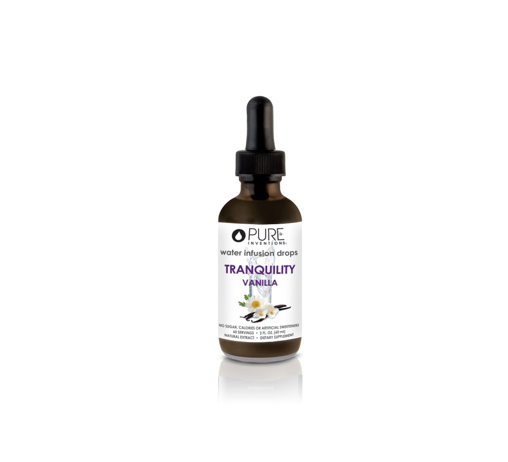 Tranquility Vanilla Water Infusion Drops | Pure Inventions bottle and box with vanilla pods and white flowers, promoting hydration and wellness with natural skincare infusion.
