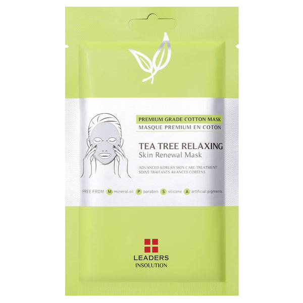 Tea Tree Relaxing Skin Renewal Mask | Leaders in light green packaging with an illustration of a person applying a cotton facial mask, highlighting its premium grade cotton and skincare benefits.