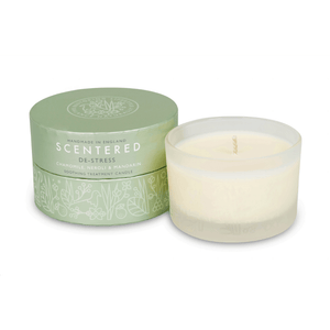 De-Stress Travel Aromatherapy Candle | Scentered with calming chamomile, neroli, and mandarin in a frosted glass jar next to a green decorative lid for wellness and relaxation.