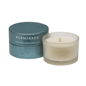 Escape Travel Aromatherapy Candle | Scentered in a frosted glass container with matching teal decorative box, featuring sandalwood, frankincense, and lime for wellness and relaxation.