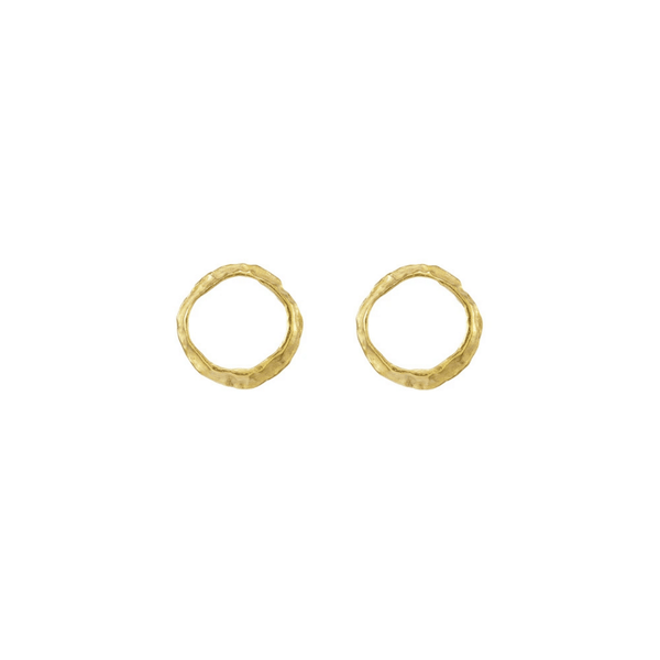 Small gold textured circular stud earrings shown on a white background, Small Opihi Circle Posts | Catherine Weitzman Jewelry.