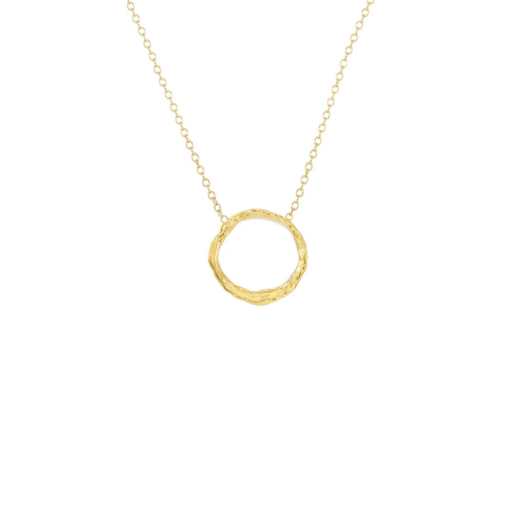 Small gold circle pendant with a textured finish on a delicate chain, featuring the Small Opihi Circle Necklace | Catherine Weitzman Jewelry.
