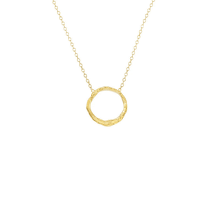 Small gold circle pendant with a textured finish on a delicate chain, featuring the Small Opihi Circle Necklace | Catherine Weitzman Jewelry.