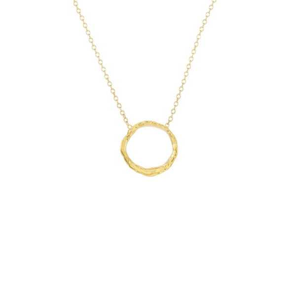 Small gold circle pendant with a textured finish on a delicate chain, featuring the Small Opihi Circle Necklace | Catherine Weitzman Jewelry.