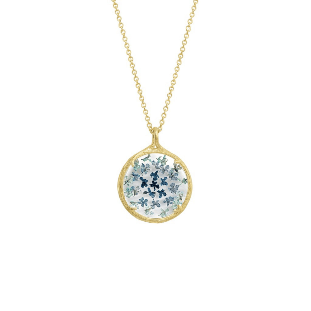 Small Ombre Botanical Necklace | Catherine Weitzman Jewelry features delicate pink and white flowers preserved in a round gold pendant on a fine gold chain.